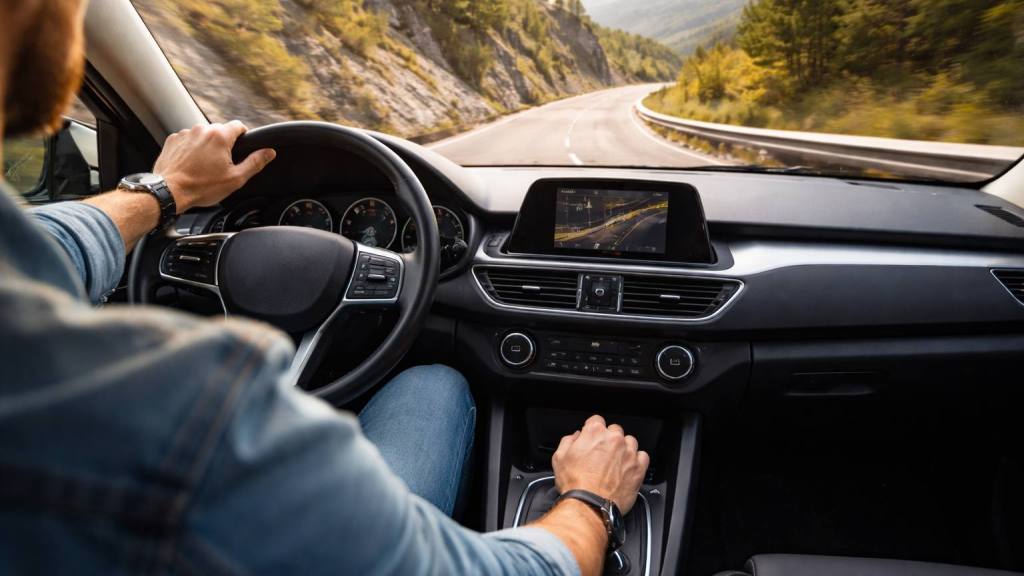 Conducción con freno motor en carretera, Imagen referencial · IA generada