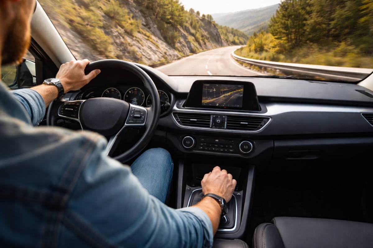 Conducción con freno motor en carretera ,Imagen referencial · IA generada