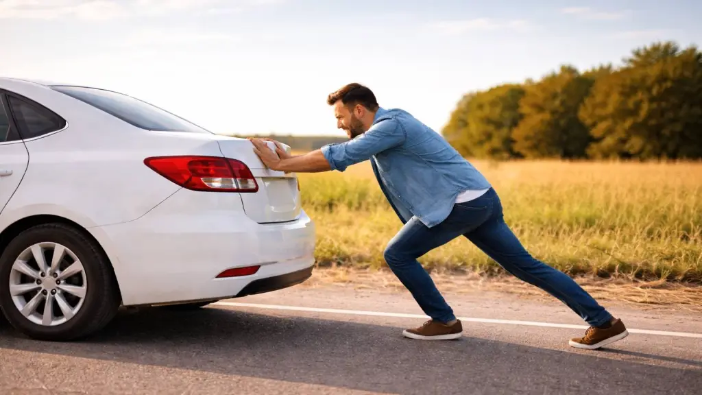 Hombre empujando un coche en carretera, openAI