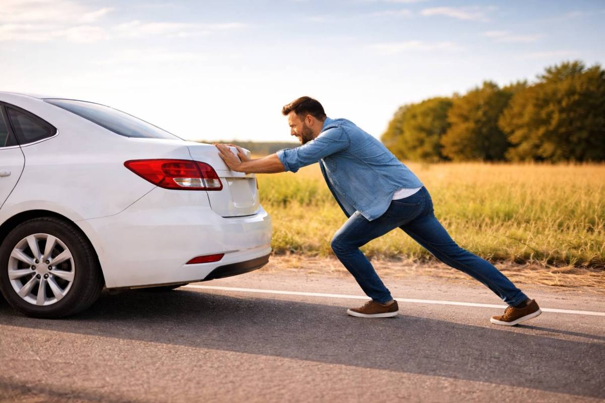 Hombre empujando un coche en carretera ,openAI