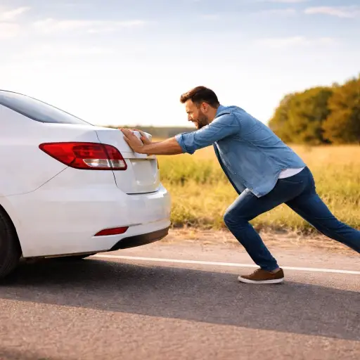 Hombre empujando un coche en carretera ,openAI