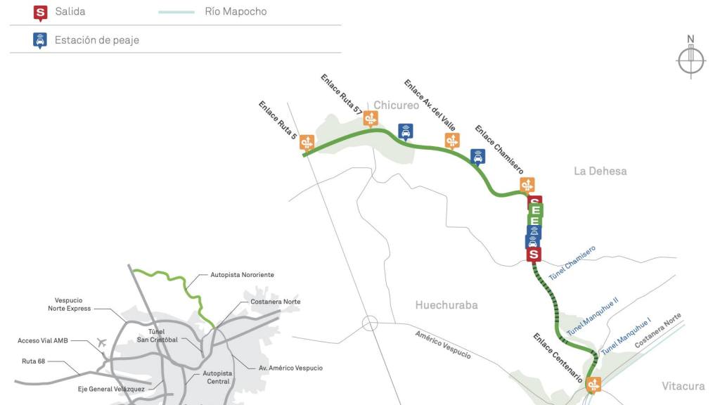 Mapa de la autopista, autopistanororiente.cl